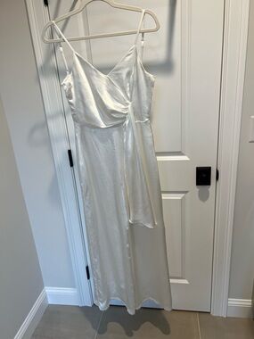 Lulu's White Satin Maxi Jumpsuit with Draped Front